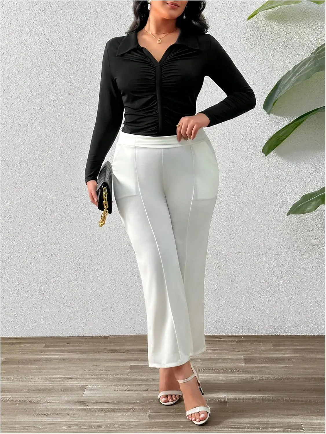 OYOANGLE Women's Plus Size Ruched Long Sleeve Collared V Neck Fitted T-Shirts Work Office Casual Tops
