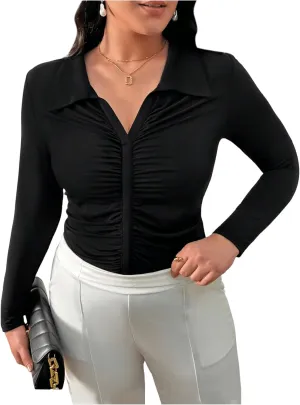 OYOANGLE Women's Plus Size Ruched Long Sleeve Collared V Neck Fitted T-Shirts Work Office Casual Tops