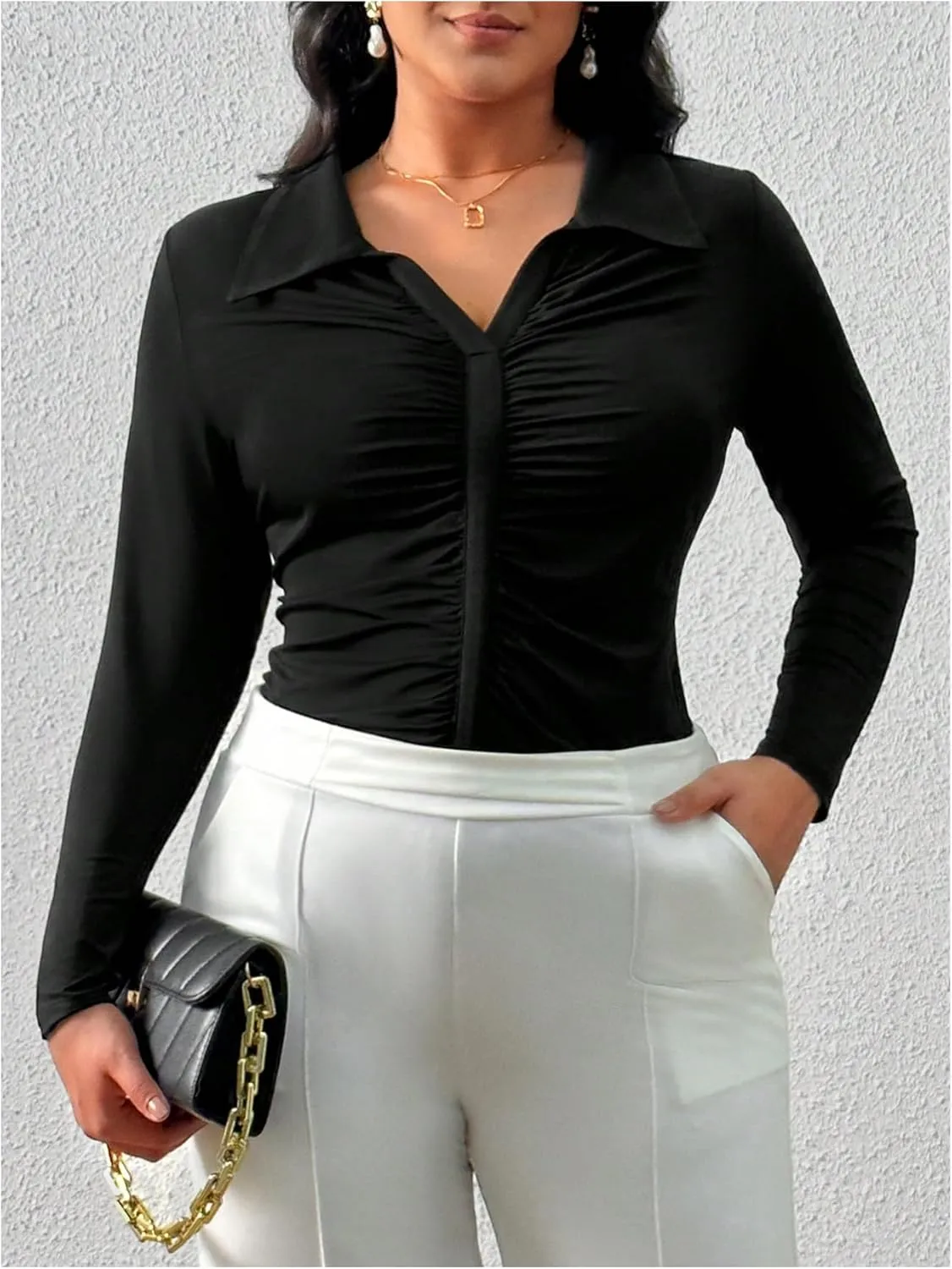 OYOANGLE Women's Plus Size Ruched Long Sleeve Collared V Neck Fitted T-Shirts Work Office Casual Tops