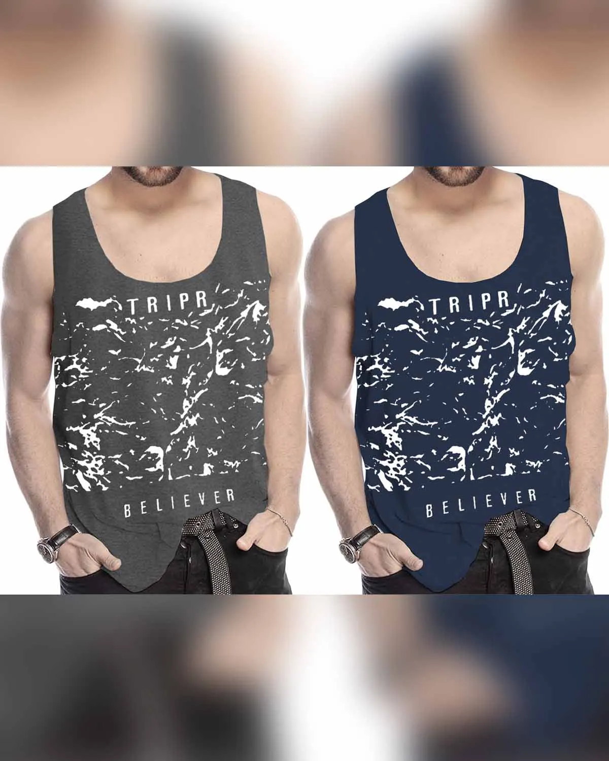 (Pack of 2) Men Believer Printed Vest / Grey & Navyblue