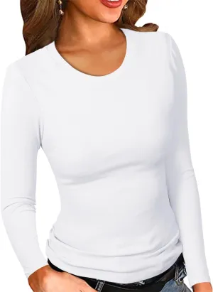 PALINDA Womne's Ribbed Round Neck Slim Fitted T Shirts Basic Solid Long Sleeve Layering Tee Tops
