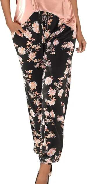 Pants for Women Floral Print Mid Waisted Elastic Waisted Trousers Straight Casual Leg Comfy Trendy Beach Clothings