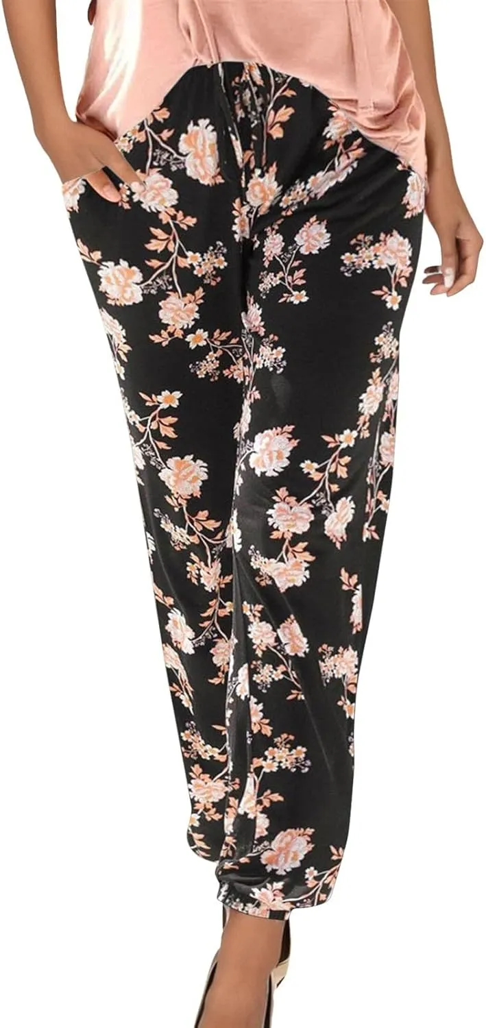 Pants for Women Floral Print Mid Waisted Elastic Waisted Trousers Straight Casual Leg Comfy Trendy Beach Clothings