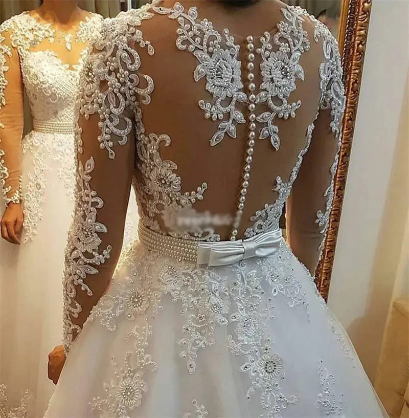 Pearls Beads 2 in 1 Brazil Wedding Dressace Appliques Detachable Train A Line Wedding Dress
