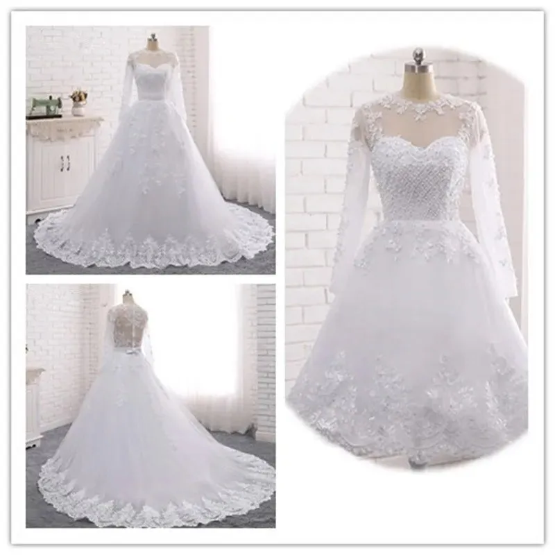 Pearls Beads 2 in 1 Brazil Wedding Dressace Appliques Detachable Train A Line Wedding Dress