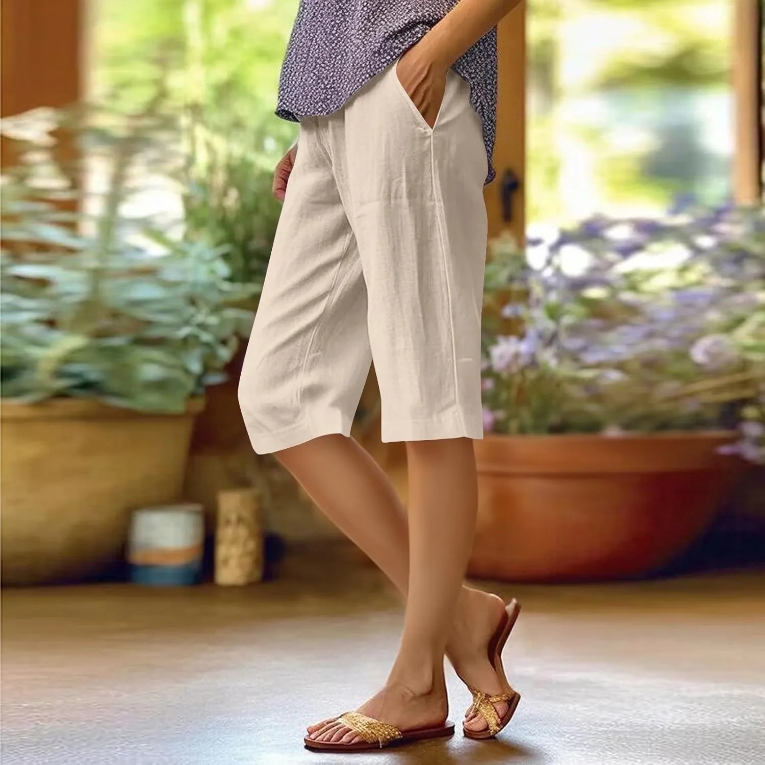 Pedal Pushers for Women Summer Casual Elastic High Waisted Wide Leg Linen Pants Baggy Bermuda Shorts with Pockets