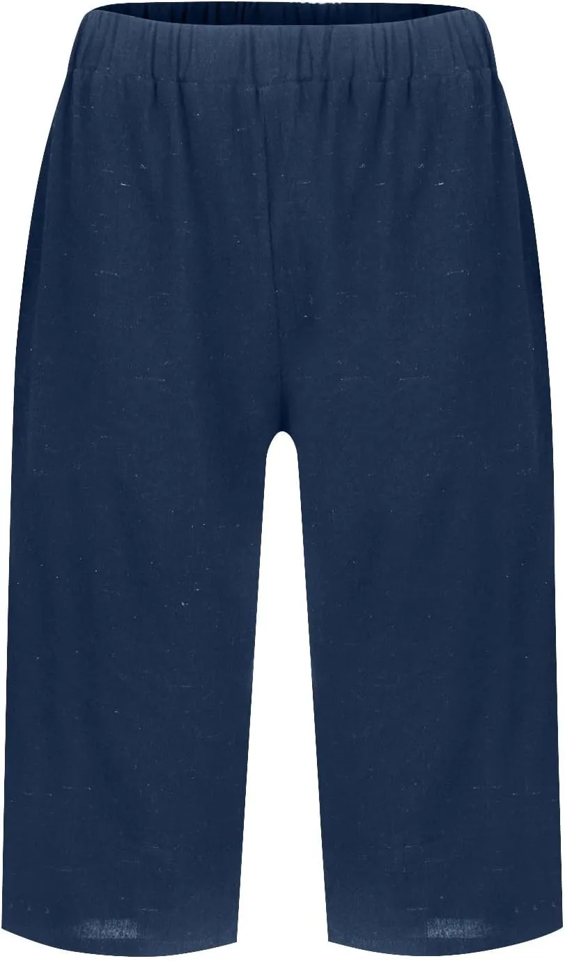 Pedal Pushers for Women Summer Casual Elastic High Waisted Wide Leg Linen Pants Baggy Bermuda Shorts with Pockets