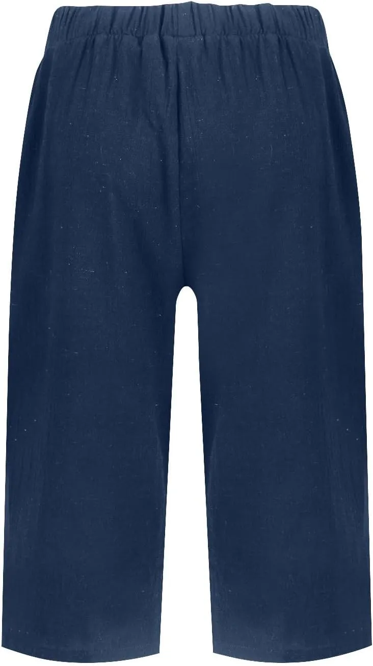 Pedal Pushers for Women Summer Casual Elastic High Waisted Wide Leg Linen Pants Baggy Bermuda Shorts with Pockets