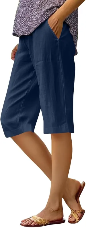 Pedal Pushers for Women Summer Casual Elastic High Waisted Wide Leg Linen Pants Baggy Bermuda Shorts with Pockets