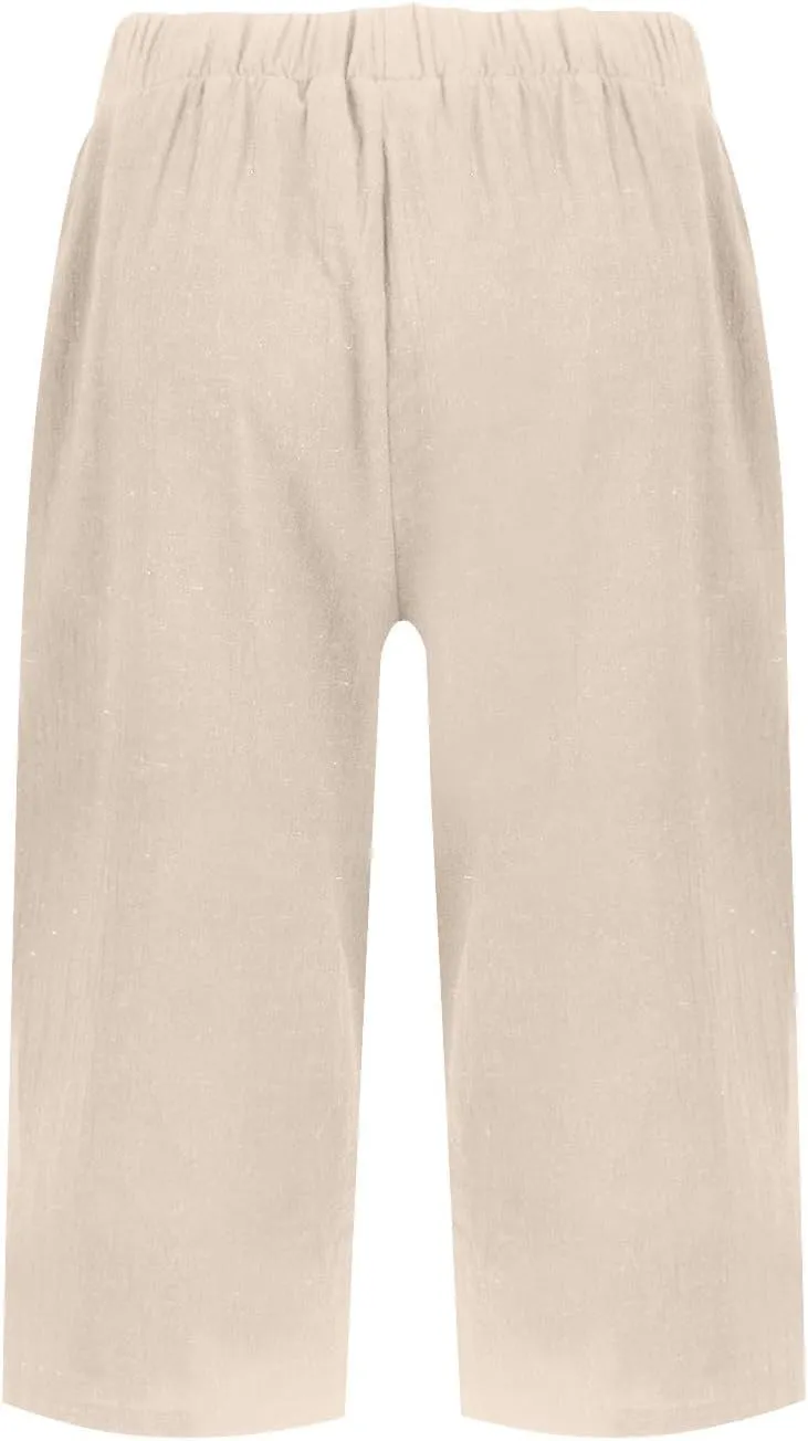 Pedal Pushers for Women Summer Casual Elastic High Waisted Wide Leg Linen Pants Baggy Bermuda Shorts with Pockets