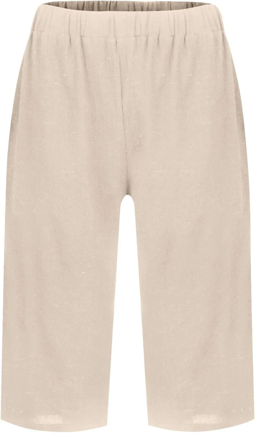Pedal Pushers for Women Summer Casual Elastic High Waisted Wide Leg Linen Pants Baggy Bermuda Shorts with Pockets