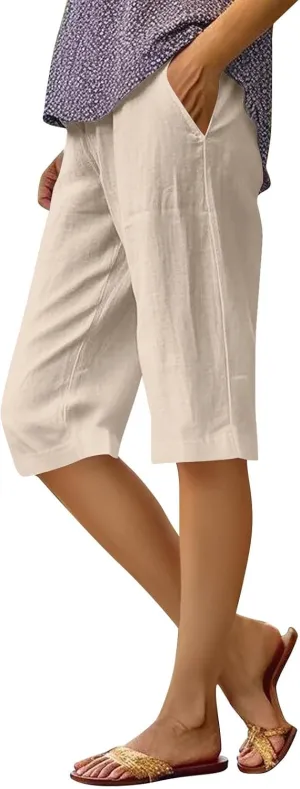Pedal Pushers for Women Summer Casual Elastic High Waisted Wide Leg Linen Pants Baggy Bermuda Shorts with Pockets
