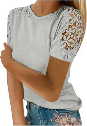 Plain T Shirts for Women 2023 Dressy Casual Short Sleeve Lace Blouse Sexy Crew Neck Solid Summer Top Classic Work Tee