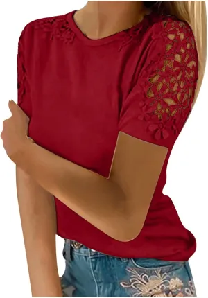 Plain T Shirts for Women 2023 Dressy Casual Short Sleeve Lace Blouse Sexy Crew Neck Solid Summer Top Classic Work Tee
