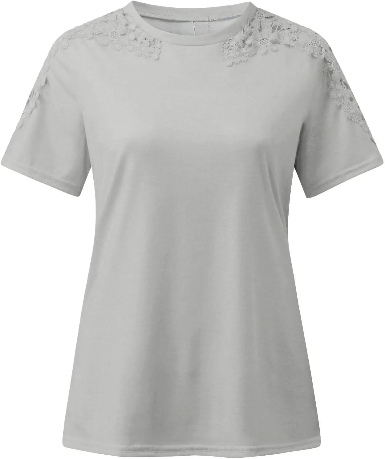 Plain T Shirts for Women 2023 Dressy Casual Short Sleeve Lace Blouse Sexy Crew Neck Solid Summer Top Classic Work Tee