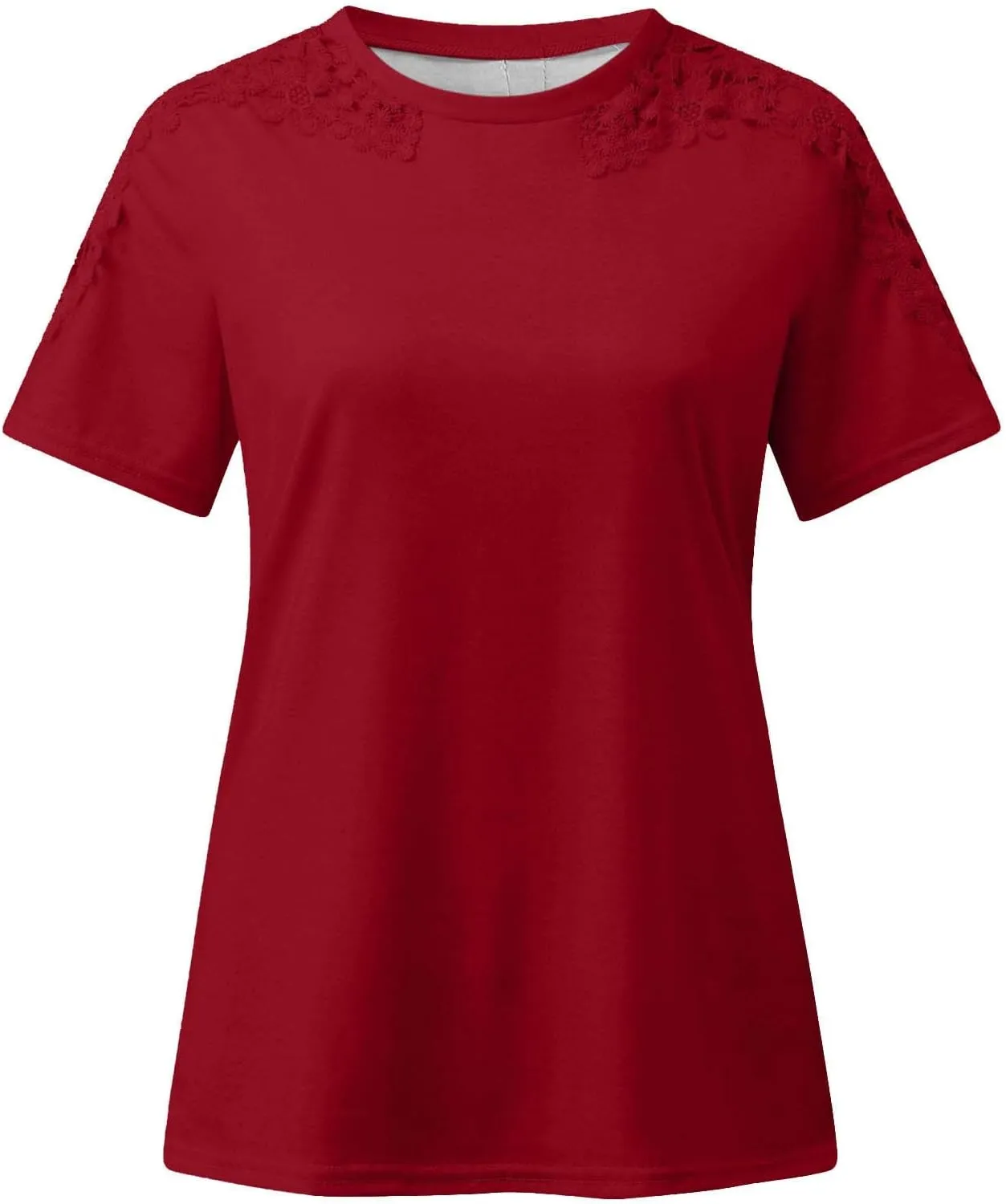 Plain T Shirts for Women 2023 Dressy Casual Short Sleeve Lace Blouse Sexy Crew Neck Solid Summer Top Classic Work Tee