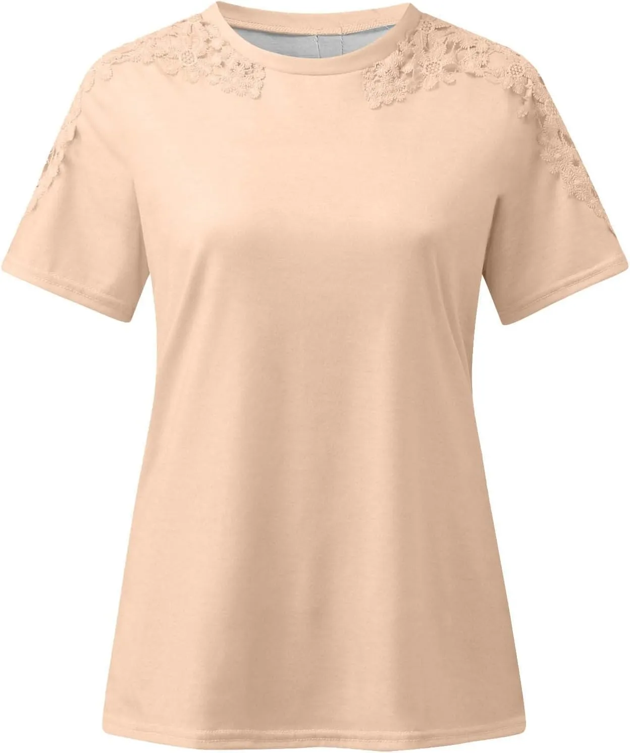 Plain T Shirts for Women 2023 Dressy Casual Short Sleeve Lace Blouse Sexy Crew Neck Solid Summer Top Classic Work Tee