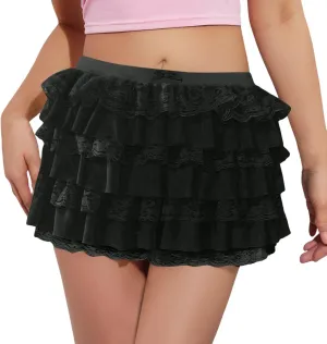Pleated Mini Skirt for Summer Vacation Elastic Waist Patchwork Lace Sheer Hem Ruffles Mini Skirts for Girls Streetwear
