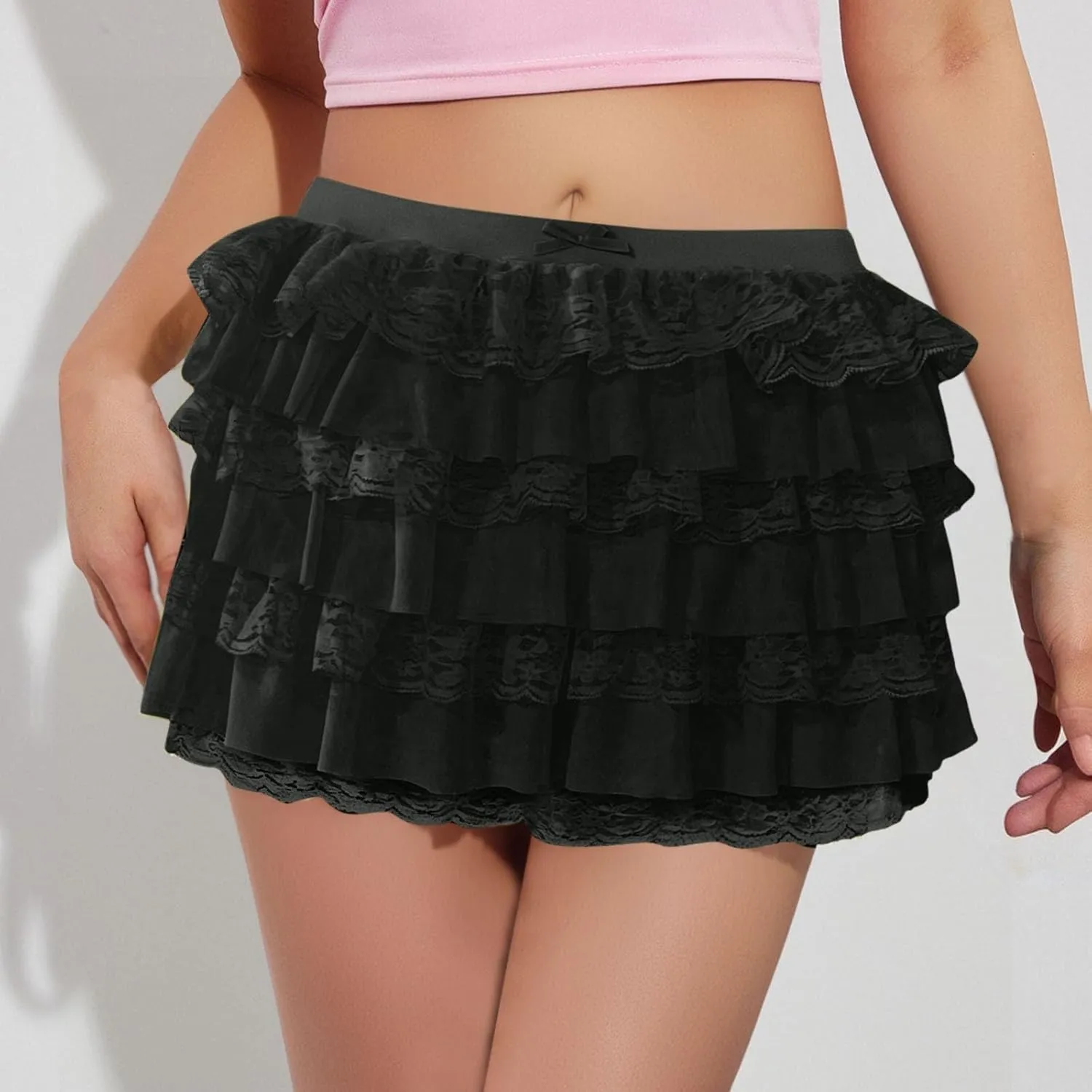Pleated Mini Skirt for Summer Vacation Elastic Waist Patchwork Lace Sheer Hem Ruffles Mini Skirts for Girls Streetwear