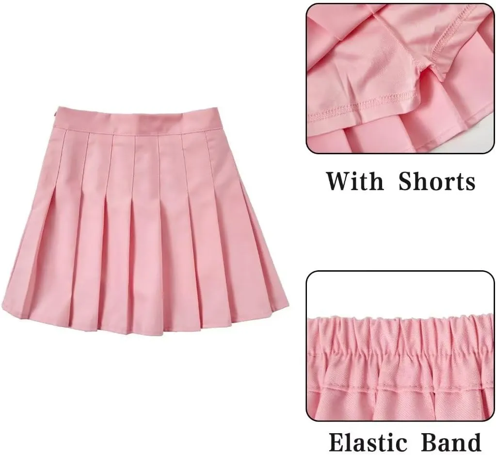 Pleated Mini Skirt High Waisted Tennis Skirts Skorts for Women Girls School Uniform Dress Cheer Skirt with Shorts,2T-4XL