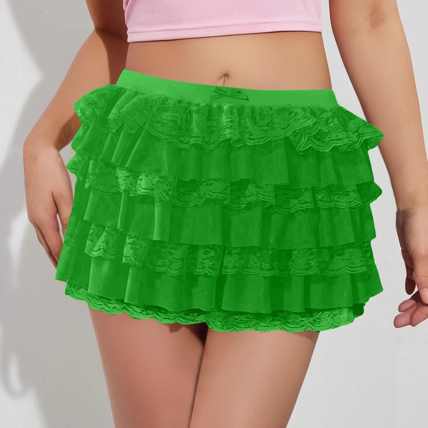 Pleated Skirt Dress for Women Mid Waist Elastic Waist Patchwork Lace Sheer Hem Ruffles Mini Skirts for Girls Streetwear