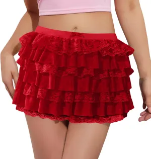 Pleated Skirt Dress for Women Mid Waist Elastic Waist Patchwork Lace Sheer Hem Ruffles Mini Skirts for Girls Streetwear