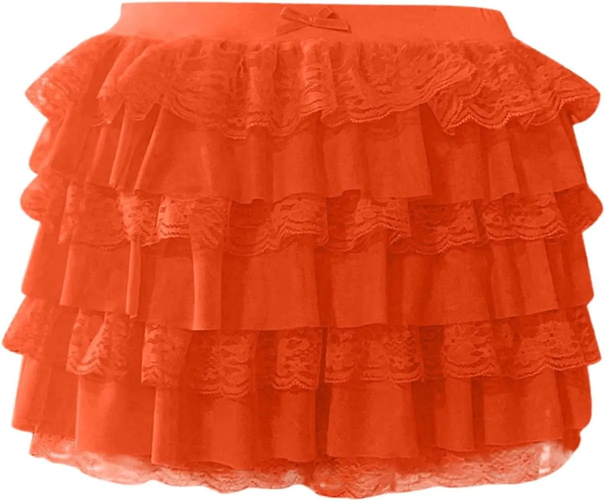 Pleated Skirt Dress for Women Mid Waist Elastic Waist Patchwork Lace Sheer Hem Ruffles Mini Skirts for Girls Streetwear