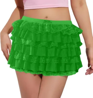 Pleated Skirt Dress for Women Mid Waist Elastic Waist Patchwork Lace Sheer Hem Ruffles Mini Skirts for Girls Streetwear