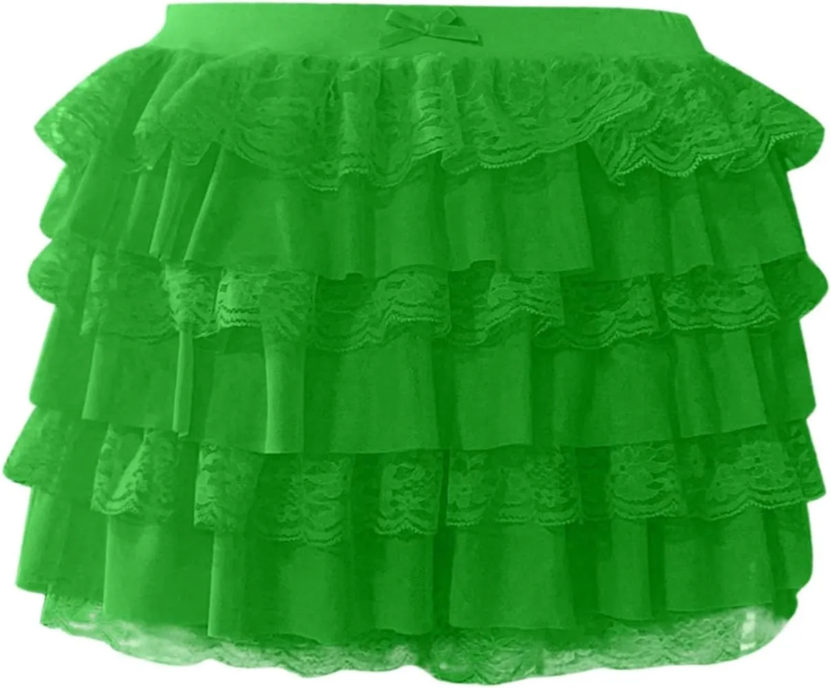 Pleated Skirt Dress for Women Mid Waist Elastic Waist Patchwork Lace Sheer Hem Ruffles Mini Skirts for Girls Streetwear