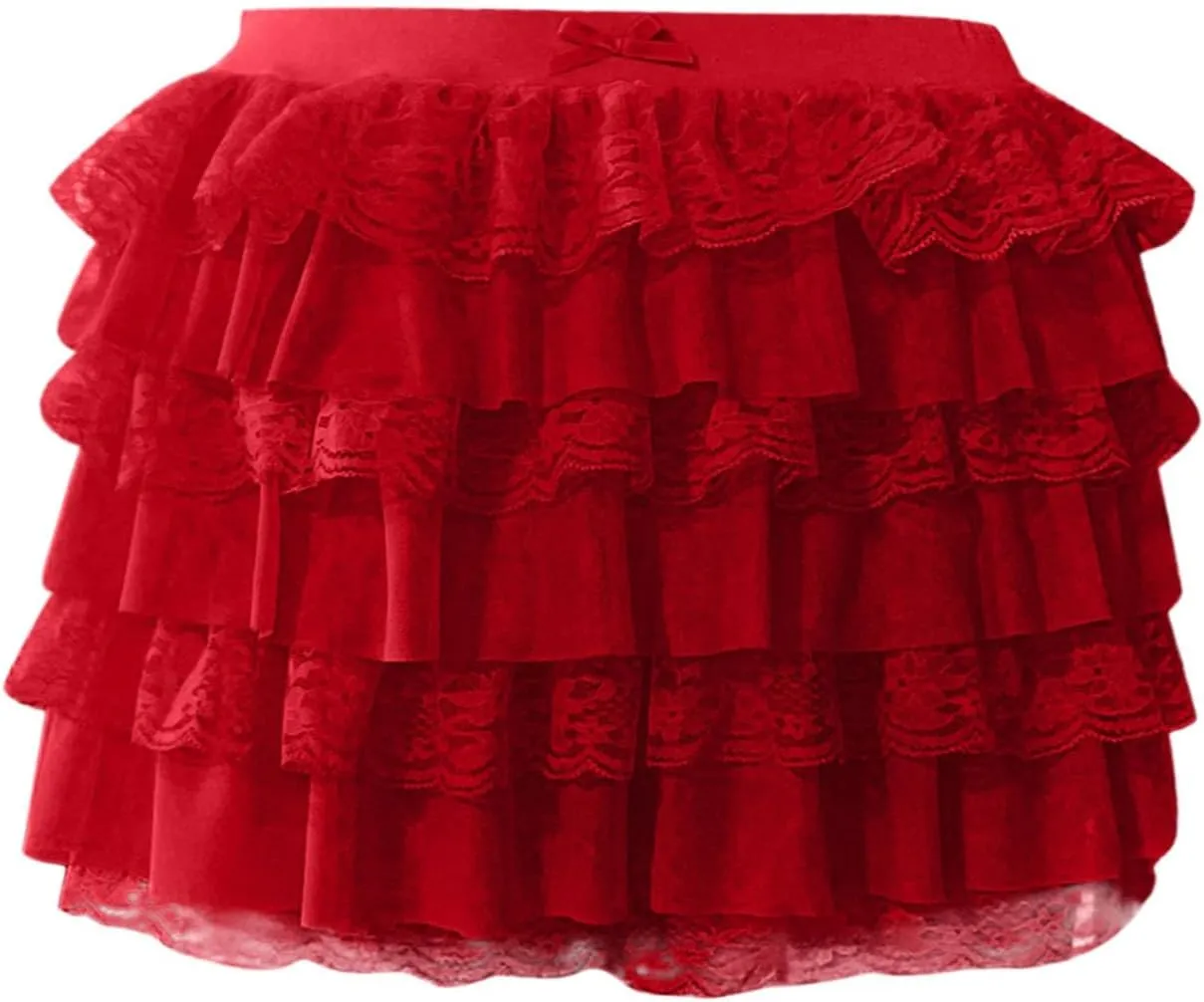 Pleated Skirt Dress for Women Mid Waist Elastic Waist Patchwork Lace Sheer Hem Ruffles Mini Skirts for Girls Streetwear