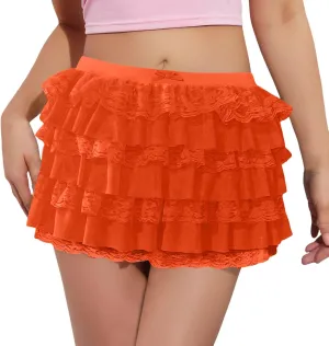 Pleated Skirt Dress for Women Mid Waist Elastic Waist Patchwork Lace Sheer Hem Ruffles Mini Skirts for Girls Streetwear