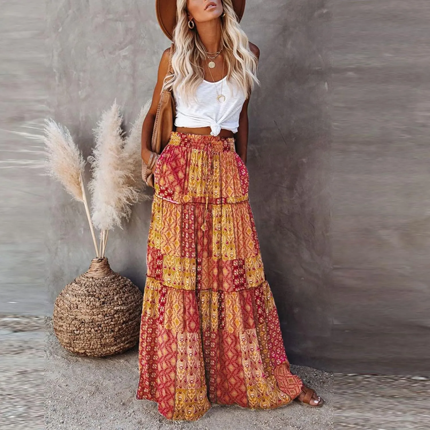 Pleated Skirts for Women,Elastic High Waist Drawstring Boho Flowy Maxi Skirts Trendy 2025 Summer Vacation