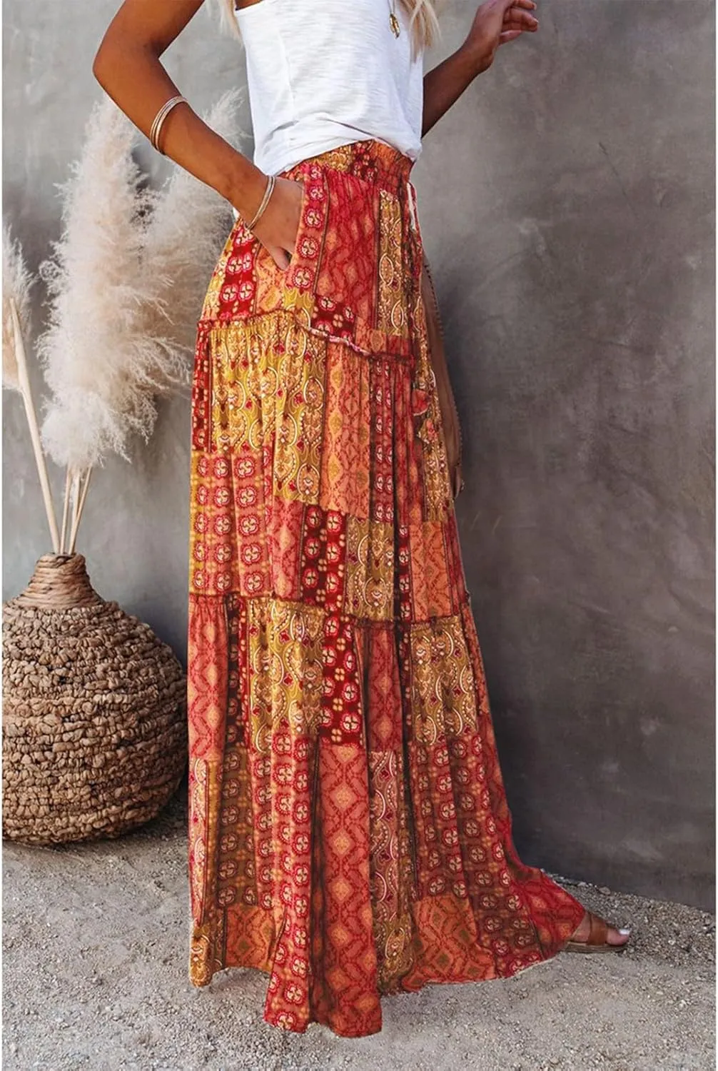 Pleated Skirts for Women,Elastic High Waist Drawstring Boho Flowy Maxi Skirts Trendy 2025 Summer Vacation