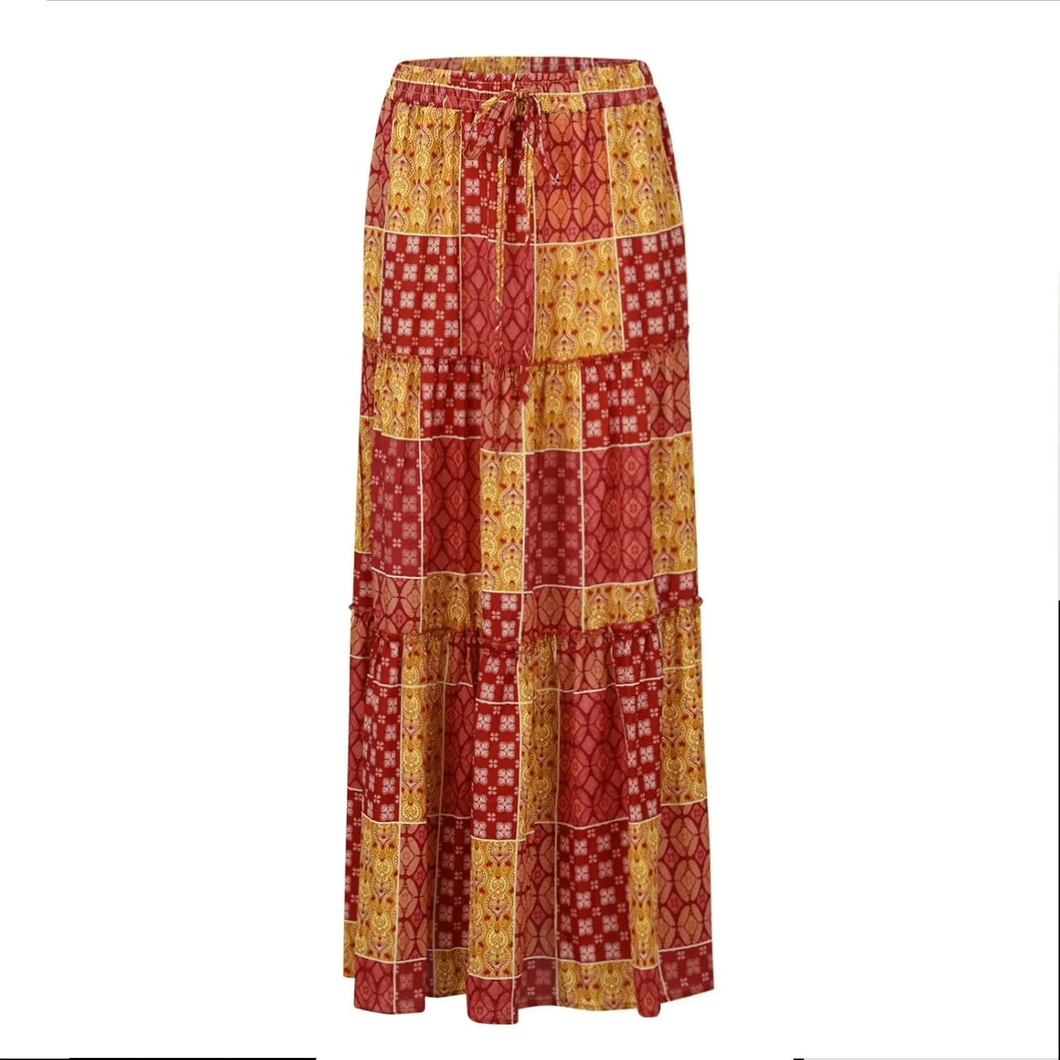 Pleated Skirts for Women,Elastic High Waist Drawstring Boho Flowy Maxi Skirts Trendy 2025 Summer Vacation