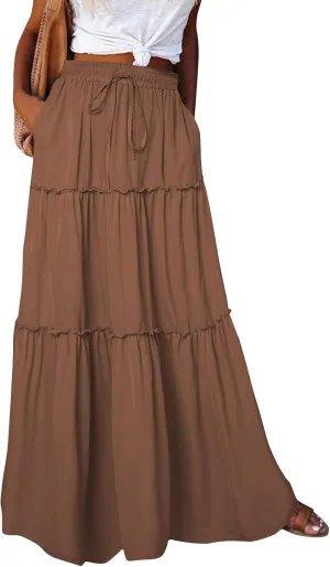 Pleated Skirts for Women,Elastic High Waist Drawstring Boho Flowy Maxi Skirts Trendy 2025 Summer Vacation
