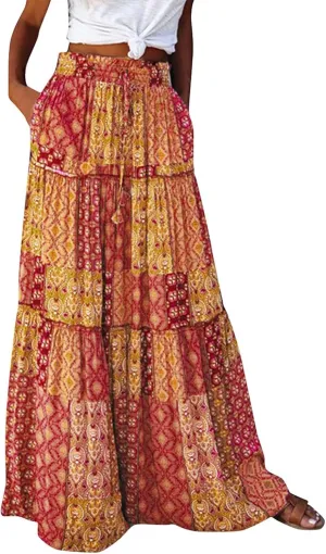 Pleated Skirts for Women,Elastic High Waist Drawstring Boho Flowy Maxi Skirts Trendy 2025 Summer Vacation