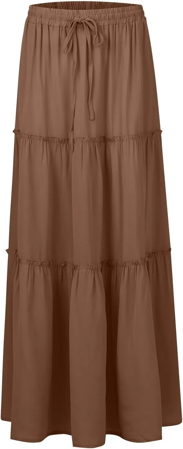 Pleated Skirts for Women,Elastic High Waist Drawstring Boho Flowy Maxi Skirts Trendy 2025 Summer Vacation