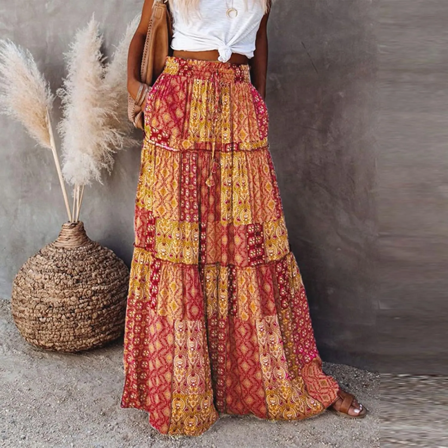 Pleated Skirts for Women,Elastic High Waist Drawstring Boho Flowy Maxi Skirts Trendy 2025 Summer Vacation
