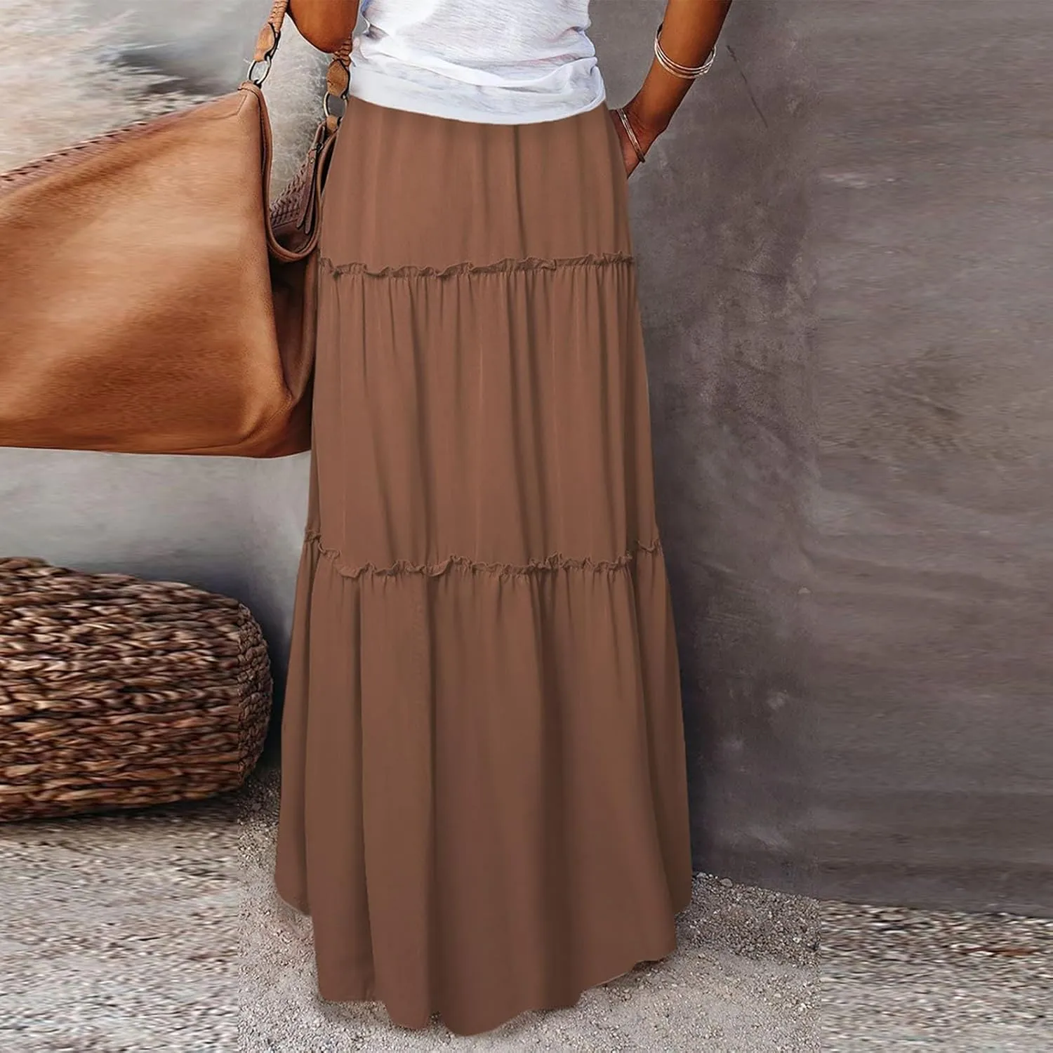 Pleated Skirts for Women,Elastic High Waist Drawstring Boho Flowy Maxi Skirts Trendy 2025 Summer Vacation