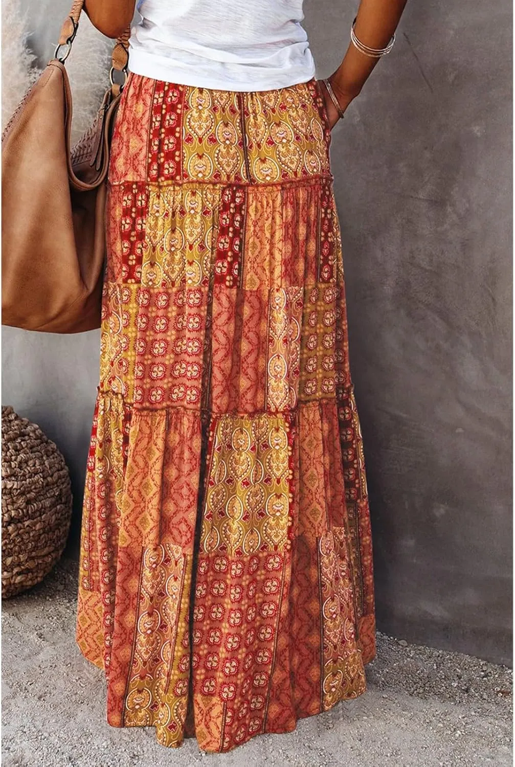 Pleated Skirts for Women,Elastic High Waist Drawstring Boho Flowy Maxi Skirts Trendy 2025 Summer Vacation