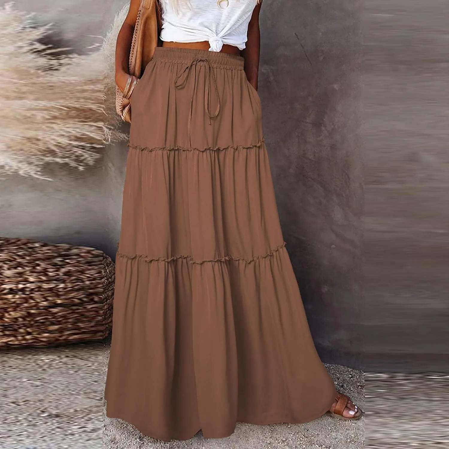 Pleated Skirts for Women,Elastic High Waist Drawstring Boho Flowy Maxi Skirts Trendy 2025 Summer Vacation