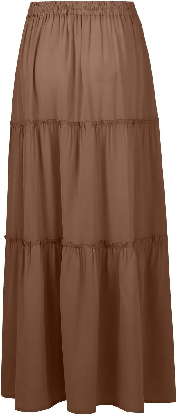 Pleated Skirts for Women,Elastic High Waist Drawstring Boho Flowy Maxi Skirts Trendy 2025 Summer Vacation