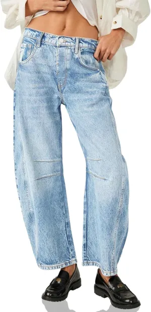 PLNOTME Women's Baggy Boyfriend Jeans Vintage Wide Leg Mid Rise Barrel Denim Ankle Pants