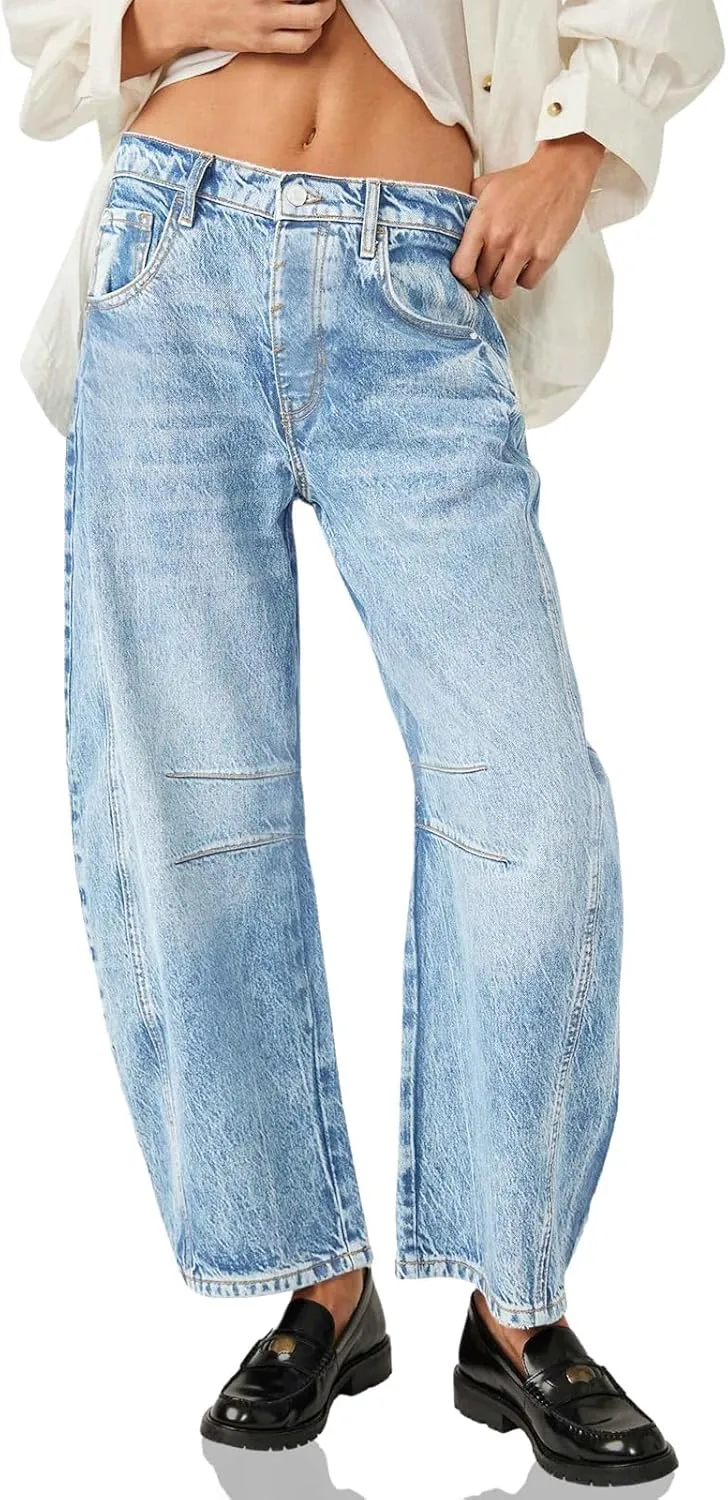 PLNOTME Women's Baggy Boyfriend Jeans Vintage Wide Leg Mid Rise Barrel Denim Ankle Pants