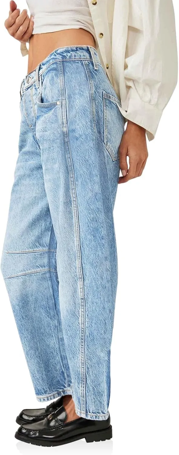 PLNOTME Women's Baggy Boyfriend Jeans Vintage Wide Leg Mid Rise Barrel Denim Ankle Pants