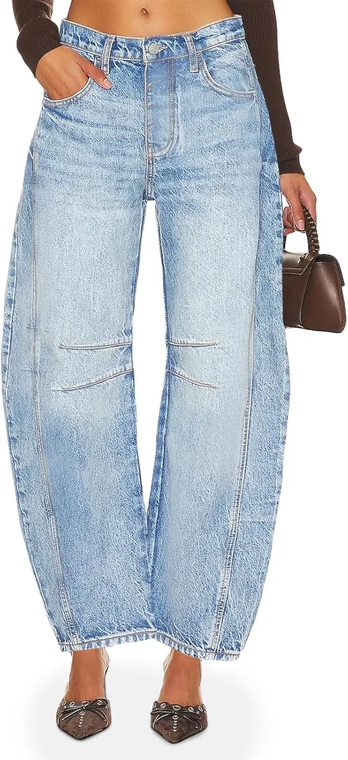 PLNOTME Women's Baggy Boyfriend Jeans Vintage Wide Leg Mid Rise Barrel Denim Ankle Pants