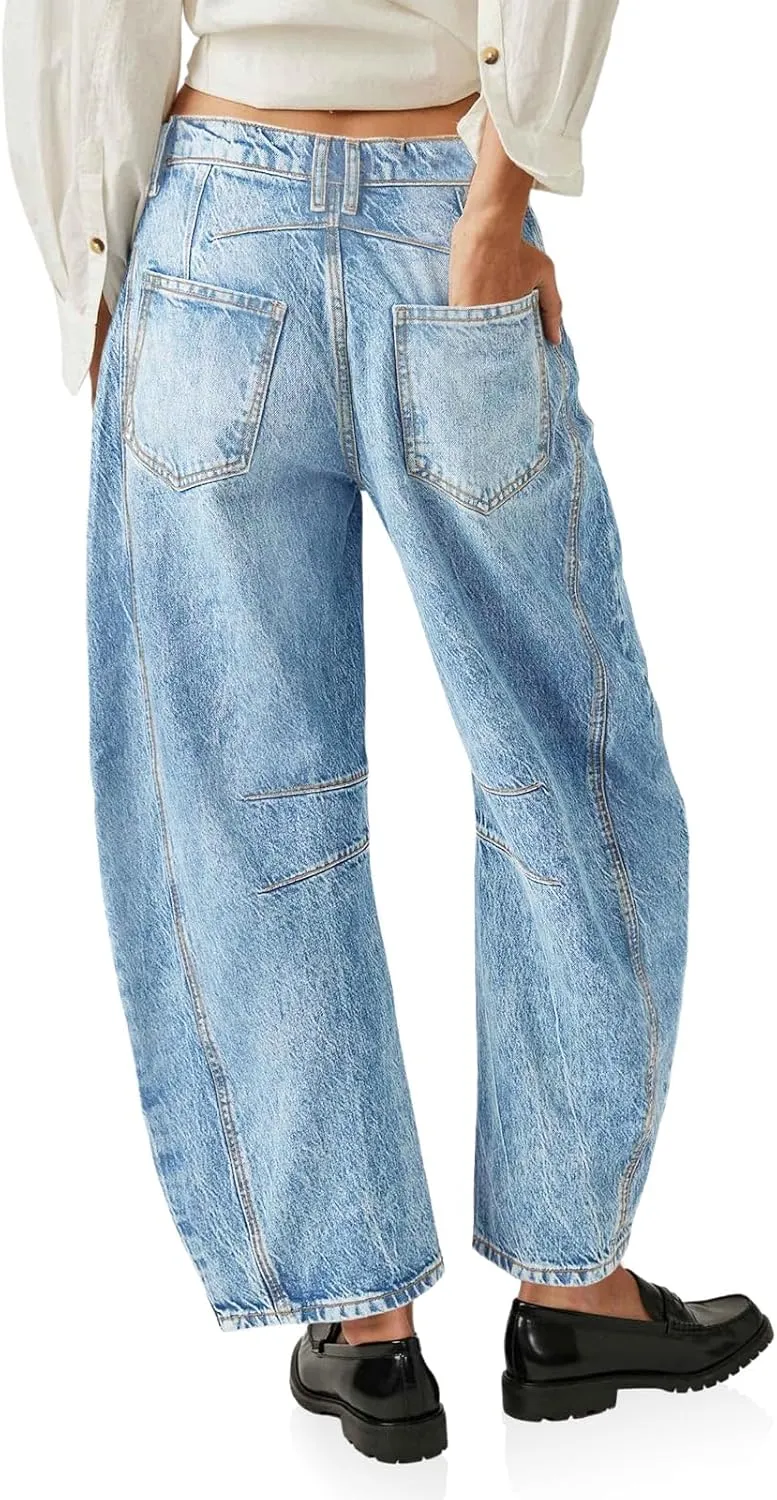 PLNOTME Women's Baggy Boyfriend Jeans Vintage Wide Leg Mid Rise Barrel Denim Ankle Pants