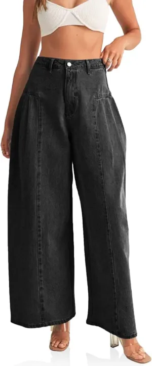 PLNOTME Womens Baggy High Waisted Jeans Loose Boyfriend Wide Leg Side Pleated Denim Pants