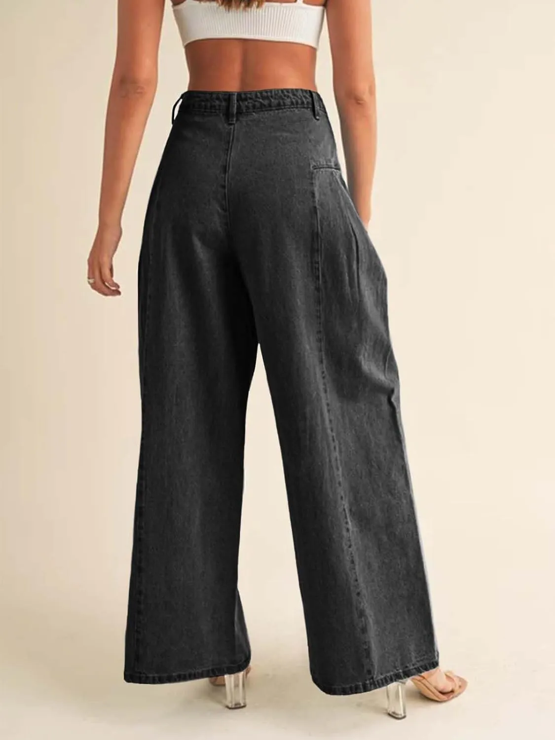 PLNOTME Womens Baggy High Waisted Jeans Loose Boyfriend Wide Leg Side Pleated Denim Pants