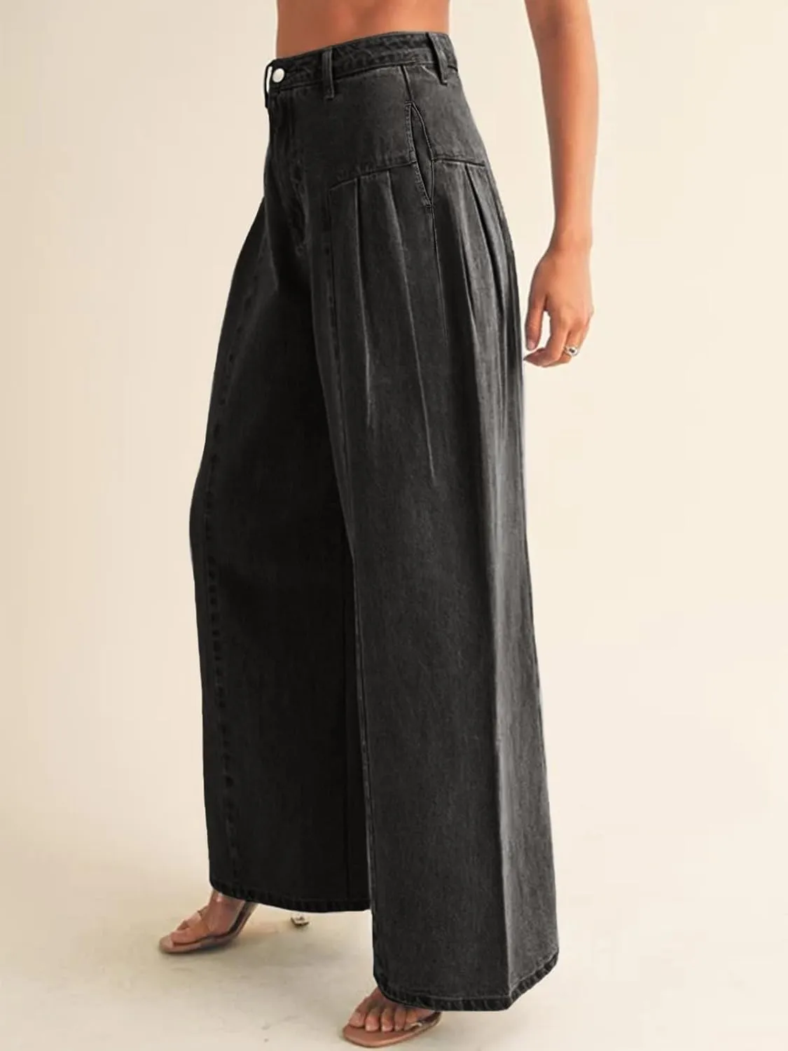 PLNOTME Womens Baggy High Waisted Jeans Loose Boyfriend Wide Leg Side Pleated Denim Pants
